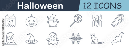 Halloween set icon. Calendar, jack-o-lantern, cauldron, lollipop, spider, coffin, tombstone, witch hat, ghost, web, cat, and bat drawn in spooky holiday outline.