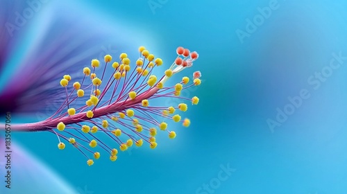Hibiscus Stamen with Pollen, Macro on Blue Background