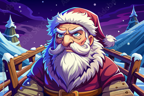 Santa crosses a wooden bridge blanketed in snow, leading toward a distant winter village glowing with Christmas decorations