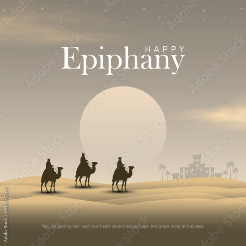 Three wise men silhouette in desert following glowing star. Happy epiphany day vector illustration.