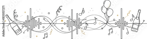 Celebration soundwave design with champagne bottles and balloons on white background