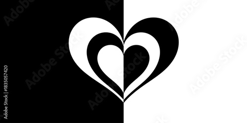 abstract black and white heart design with layered concentric shapes