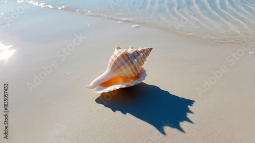 Fototapeta Naklejka Na Ścianę i Meble -  A single conch seashell rests on the wet, sunlit sand near the oceans edge