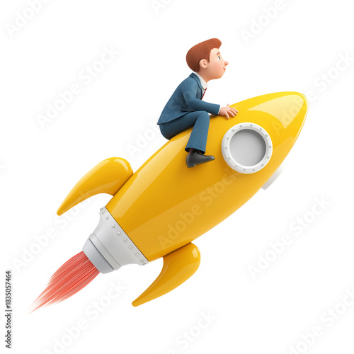 Businessman Riding a Rocket Side View 3D Cartoon Vector Illustration Isolated on White Background 