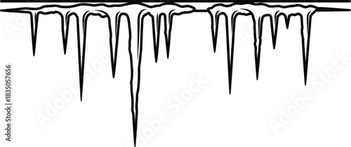 Black and white vector illustration of icicles hanging from a straight line
