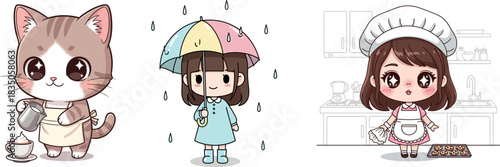 Kawaii Cat Making Coffee Girl Under Umbrella Baker Girl with Cookies cute kitten