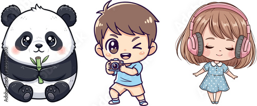 Cute Panda Holding Bamboo Boy with Camera and Girl Wearing Headphones bear cartoon