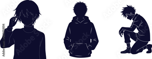Dark Blue Silhouette Figures of Anime Characters in Contemplative and Crouching Poses on White Background