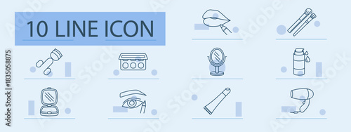 Makeup set icon. Brushes, lipstick, palette, mirror, eye shadow, cream, blower, cosmetic, tools, beauty, skincare, face, eyeliner, glamour, care, vanity, accessory, style, elegance