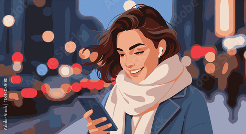 A young woman with earbuds smiles while looking at her smartphone in a city at dusk with bokeh lights