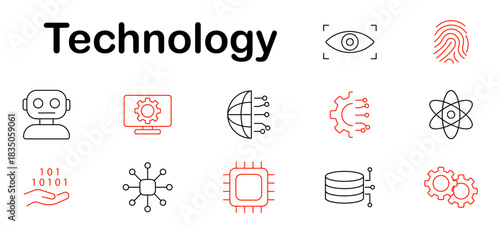 Technology set icon. Robot, chip, atom, fingerprint, eye scan, binary code, gears, data, globe, monitor, network, AI, innovation, science, future, cyber, digital, system.