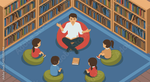 Teacher Reading to Children in a Library Promoting Literacy and Education Through Storytelling