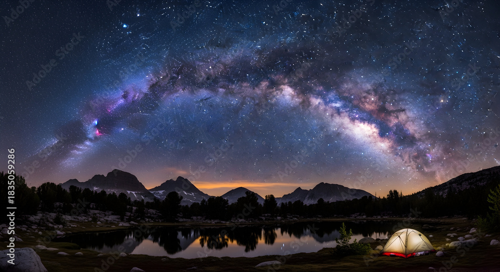 Fototapeta premium Stunning Milky Way over tranquil mountain lake with illuminated tent for adventure seekers under vibrant night sky, capturing nature's beauty and wonder