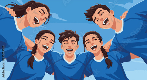 A joyful group of young friends in matching blue sports jerseys huddles together, laughing and smiling in a circle of camaraderie