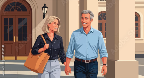 A joyful, middle-aged couple walks hand-in-hand, smiling, in front of an elegant building's entrance