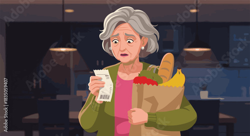 Senior Woman's Financial Concern Groceries and the Cost of Living, Examining the Bill