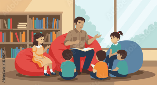 Engaging scene of a kind male educator captivating a diverse group of young students with an exciting storybook in a cozy reading corner of a modern library