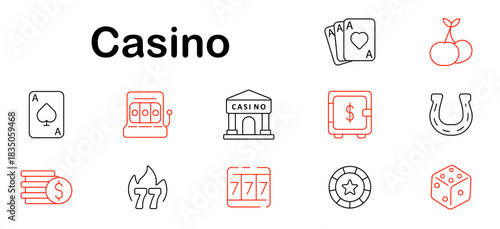 Casino set icon. Slot machine, cards, chips, dice, poker, jackpot, money, safe, coin stack, cherries, 777, casino building, lucky symbol, spin, bet, play, game, token.