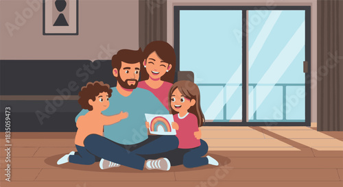 Happy family of four sitting on the floor at home, the daughter proudly showing her parents a colorful rainbow drawing