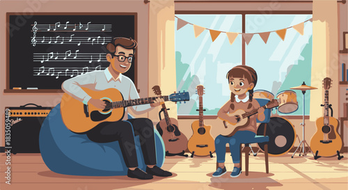 Dedicated music instructor teaching a young girl to play the ukulele in a vibrant and instrument-filled studio, fostering a love for melodies and musical education through engaging lessons