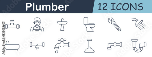 Plumber set icon. Pipes, plumber, sink, toilet, wrench, shower, bathtub, leak, tap, plunger, faucet, and U-pipe in outlined sanitation utility theme.