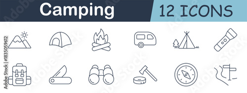 Camping set icon. Mountains, tents, campfire, caravan, flashlight, backpack, knife, binoculars, compass, trail map, tree, wooden stump, outdoor gear.