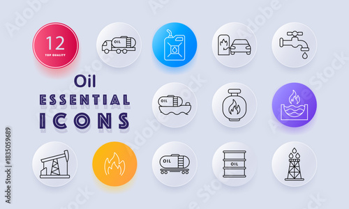 Oil set icon. Tanker truck, oil barrel, drilling rig, pumpjack, jerrycan, flame, valve, refinery, oil drop, gas burner, offshore ship outlined in fuel theme.