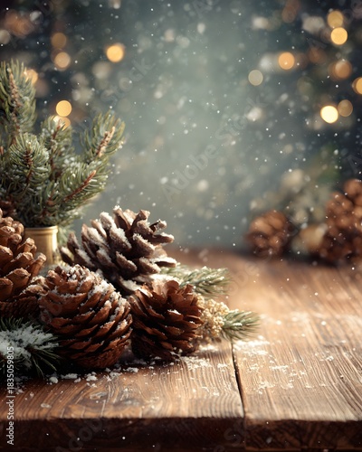 Cozy realistic holiday table scene with pine cones ornaments light snowfall overlay and wide blank surface on top for message placement