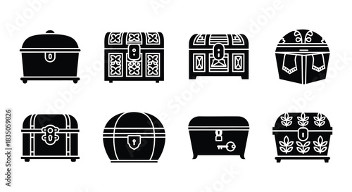 Collection of various black and white treasure chest icons in different styles