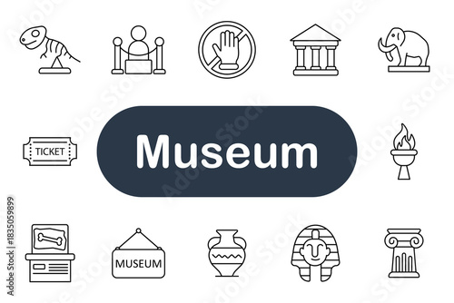 Museum set icon. Building, vase, bone, column, torch, ticket, pharaoh, sign, mammoth, dinosaur, protection, exhibition, art, history, culture, monument, collection, antique, sculpture, learning