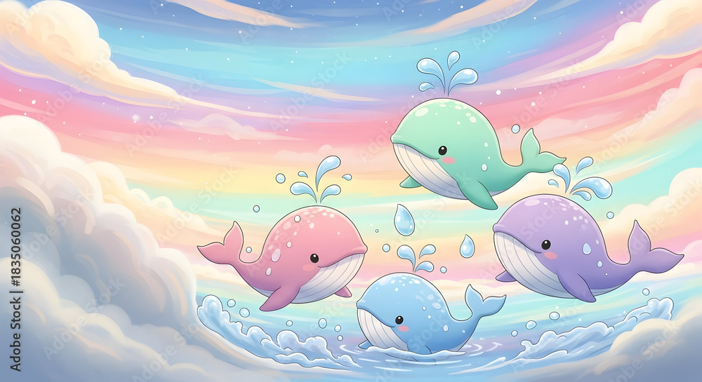 Obraz premium Adorable cartoon whales splashing cheerfully in pastel rainbow skies, perfect for children's books and whimsical designs, creating a sense of wonder and joy