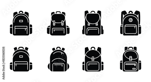 Various black silhouette icons depicting different styles of backpacks arranged in rows