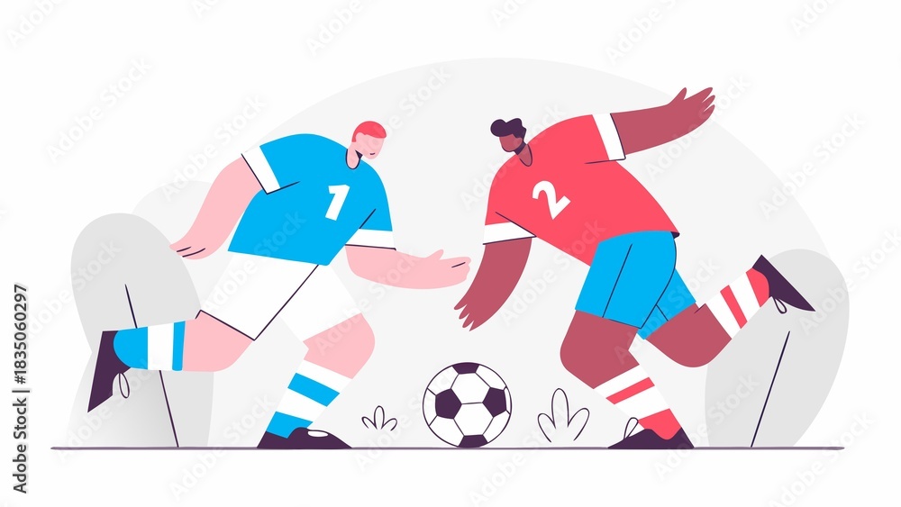 Fototapeta premium Two football players from opposing teams compete for ball control during a dynamic, mid-game tackle attempt
