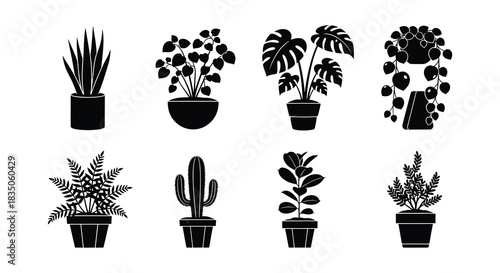Black silhouettes of various potted indoor plants in a decorative arrangement