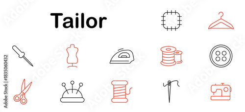 Tailor set icon. Needle, thread, button, scissors, thimble, mannequin, hanger, iron, spool, pincushion, patch, sewing machine, tailor, textile, stitch, craft, fashion, clothing.