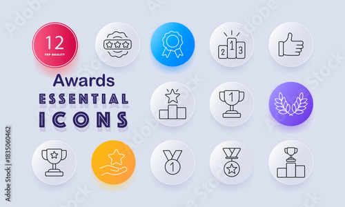 Awards set icon. Star badge, ribbon, podium, thumbs up, trophy, laurel, hand with star, medal, champion cup, prize, stage platform, victory symbol