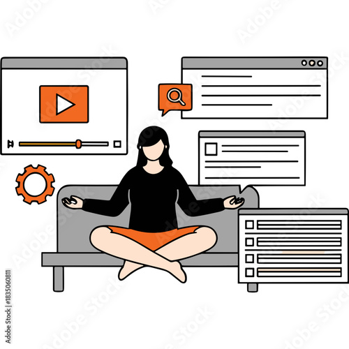 Person Meditating in Front of Digital Screens Showing Search Play Video and Task Lists Concept for Digital Detox and Online Mindfulness