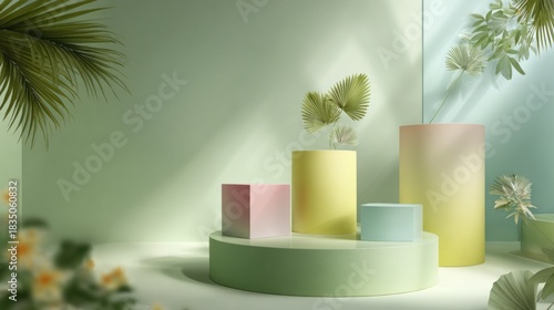 Wallpaper Mural In a calm indoor space, soft pastel-colored geometric shapes create a harmonious display, surrounded by lush green foliage and gentle sunlight streaming through Torontodigital.ca