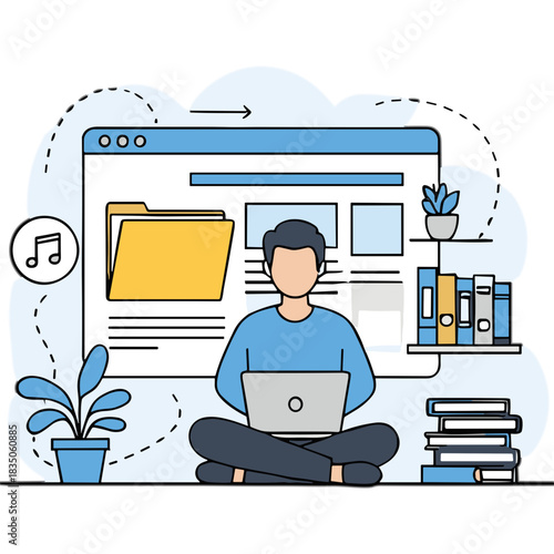 Person Sitting Cross-legged With Laptop In Front Of A Large Computer Screen Featuring Folders And Bookshelves With Plants And Music Notes Illustration