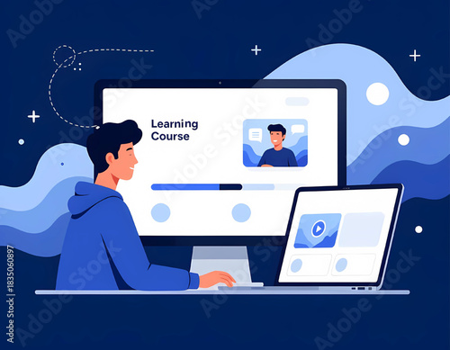  E-Learning Vector Illustration: Dark Mode UI with Dual Monitor Setup

