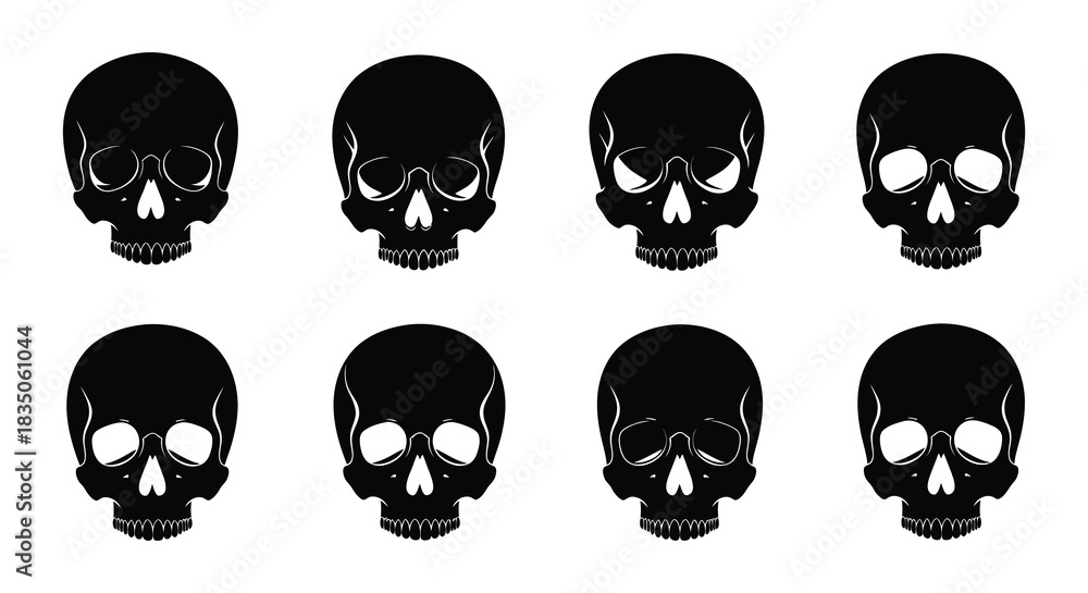 Fototapeta premium Eight black skull silhouettes arranged in a grid pattern on a white background