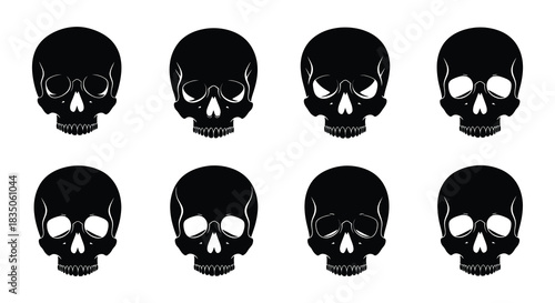 Eight black skull silhouettes arranged in a grid pattern on a white background