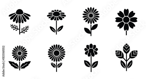 A collection of simple black and white flower and leaf illustrations