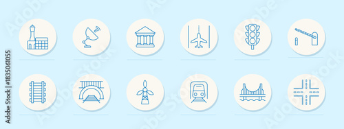 Infrastructure set icon. Circular line icons showing airport, satellite, courthouse, airplane, traffic light, boom barrier, railway, tunnel, windmill, train, bridge, intersection