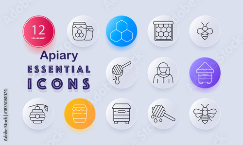 Apiary set icon. Honey jar, hexagon cells, hive frame, bees, honey dipper, beekeeper, hive box, dripping honey, hanging nest, sealed jar, comb cell, apiary equipment