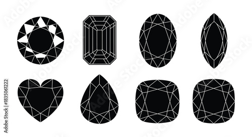 Various geometric diamond cuts and shapes displayed in a simple black and white design