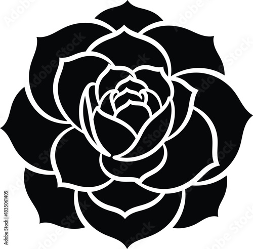 Black Silhouette of a Succulent Plant with Layered Petals on White Background flower