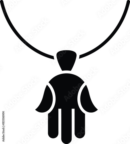 Black Silhouette of Hamsa Hand Necklace Pendant on White Background Keywords: hamsa, hand, pendant, necklace, jewelry, symbol, protection, evil eye, amulet, religious