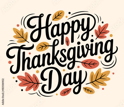 Thanksgiving Day Greeting Featuring Colorful Fall Leaves and Bold Text