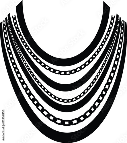 Black Silhouette of Layered Necklaces and Chains on White Background jewelry fashion